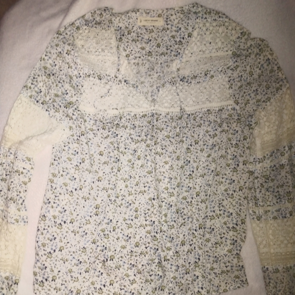 Lucky Brand Floral Lace Blouse - Cream and Blue
